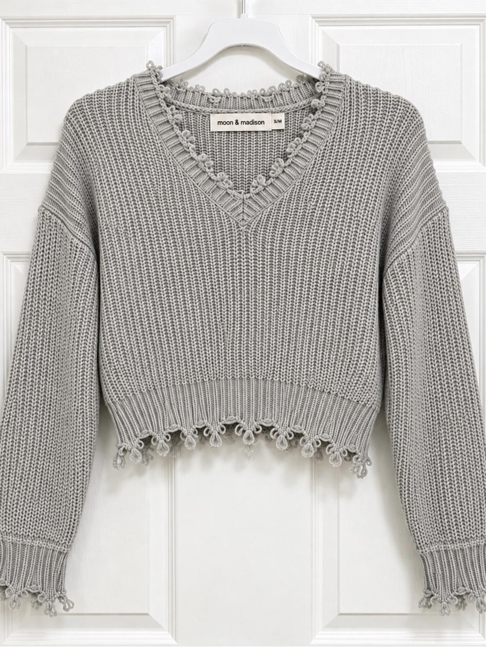 Moon & Madison Cropped Distressed Sweater Gray 100% Cotton V Neck Size S/M